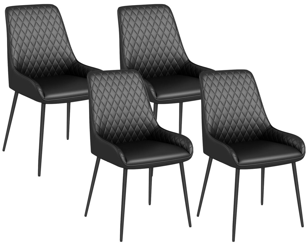 HOMCOM Set 4 Scaune de Dining Tapițate cu Spătar Înalt, Picioare din Oțel și Piele Ecologică, 49x60x89 cm, Negru | Aosom Romania