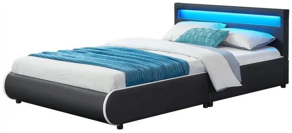 Pat tapitat piele PU, cu iluminare LED, telecomanda, cadru lemn, suport saltea inclus, 160x200, Negru