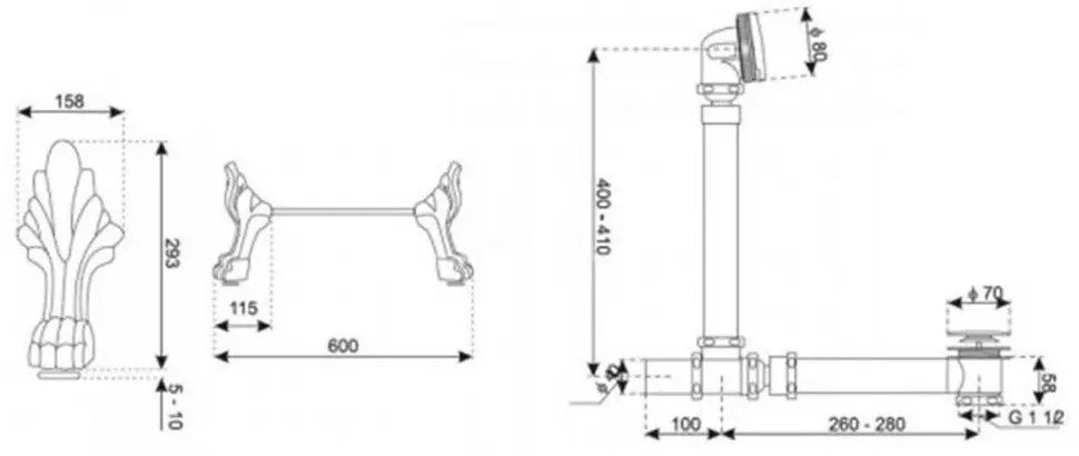 Antica cadă de baie independentă cu picioare și scurgere din cupru antic