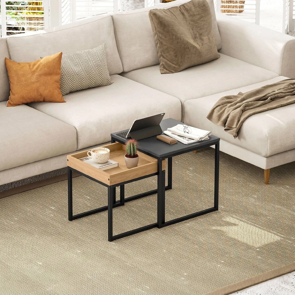 HOMCOM Set 2 Măsuțe de Cafea Moderne cu Picioare în Formă de U, Măsuțe de Sufragerie din Lemn și Oțel, 40x40x40 cm, Negru | Aosom Romania