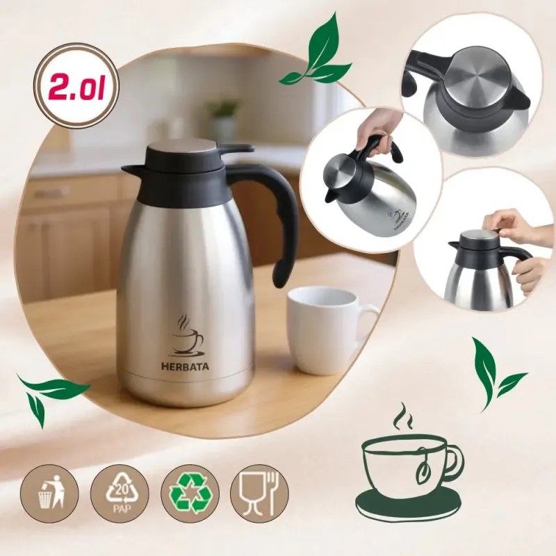 Cană termică de conferință pentru ceai Kinghoff KH 2095, 2 l, pereți dubli, corp din oțel inoxidabil, inox/negru