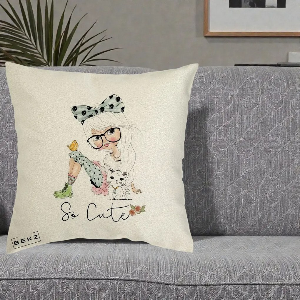 Perna Decorativa So Cute Fata Fashion, 40x40 cm, Ecru, Husa Detasabila, Perna Inclusa, BEKZ®