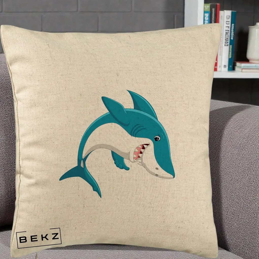 Perna Decorativa Rechin Albastru Cartoon, 40x40 cm, Bej, Husa Detasabila, Perna Inclusa, BEKZ®