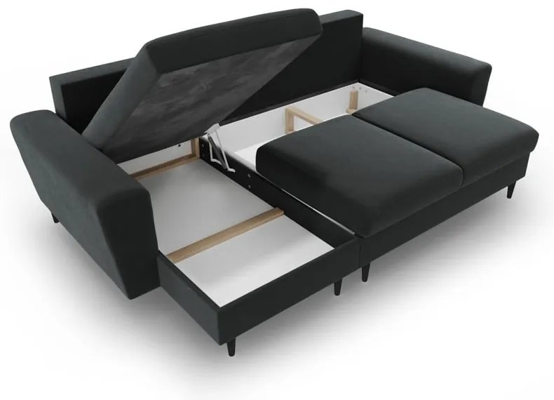 Colțar gri închis extensibil, cu spațiu de depozitare cu tapițerie din catifea Kyoto – Cosmopolitan Design