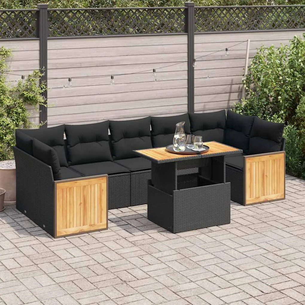 vidaXL Set mobilier grădină perne 8 piese negru, poliratan/lemn acacia