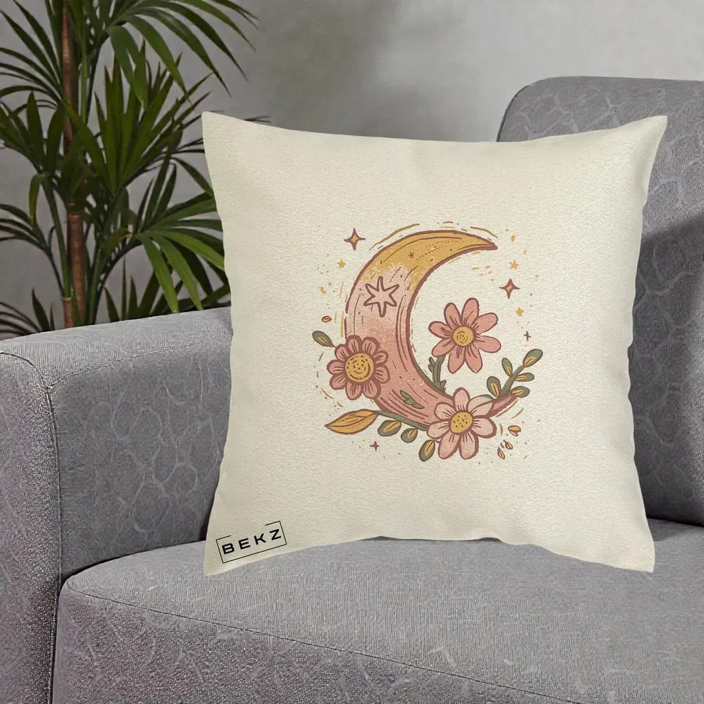 Perna Decorativa Luna Florala Boho, 40x40 cm, Ecru, Husa Detasabila, Perna Inclusa, BEKZ®