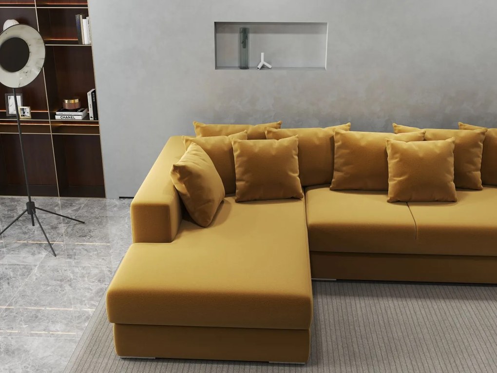 Colțar extensibil dumonde cu ladă de depozitare si sezut confortabil din spuma high-density, Gloria Royal Mustar 320x183 cm