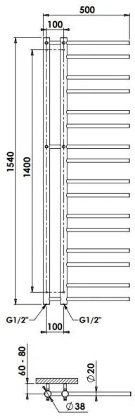 P.M.H. THEIA T2C-L - Radiator de baie tip scară, 352 W, 154 cm, racordare pe stânga, crom lucios