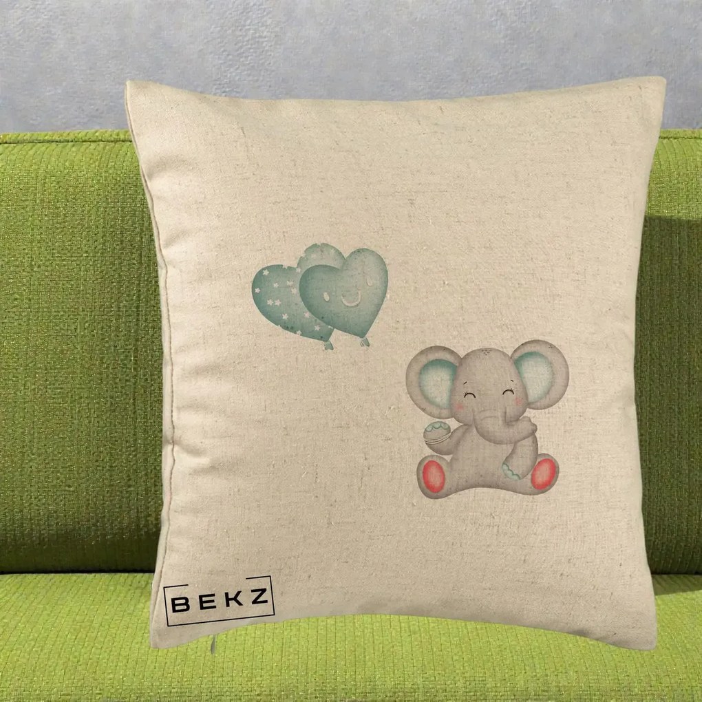 Perna Decorativa, Model Elefant si baloane in forma de inimioare, 40x40 cm, Bej, Husa Detasabila, Perna Inclusa, BEKZ®
