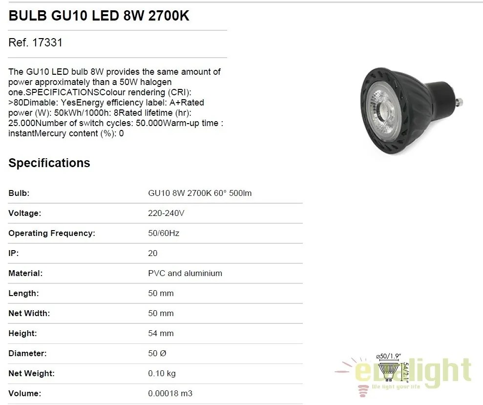 BEC LED GU10 8W 2700K dimabil lumina calda 17331