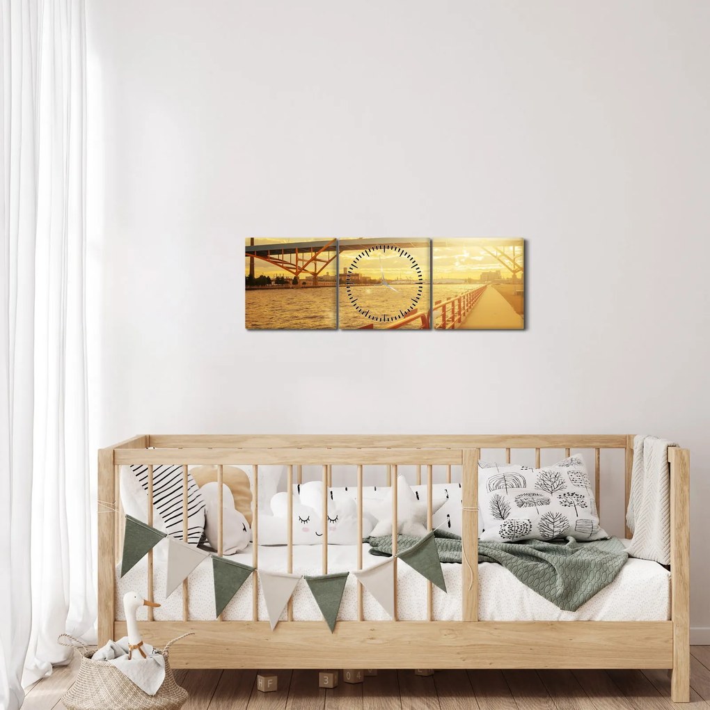 Tablou cu pod și apus de soare (cu ceas) (90x30 cm)