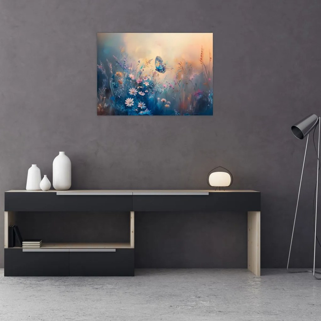 Tablou pe sticlă - Pajiște cu Fluture (70x50 cm)