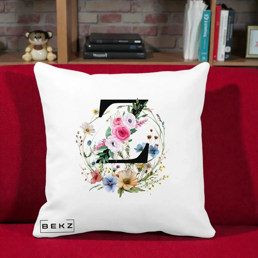 Cadou Personalizat - Perna Personalizata Monograma Florala Litera Z cu Coroana, 40x40 cm, Alba Mata, Husa Detasabila, Perna Inclusa, BEKZ®