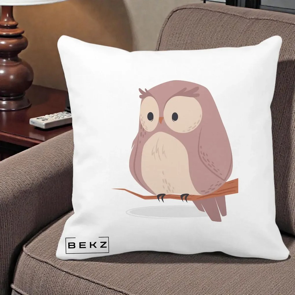 Perna Decorativa Bufnita Kawaii pe Creanga, 40x40 cm, Alba Mata, Husa Detasabila, Perna Inclusa, BEKZ®