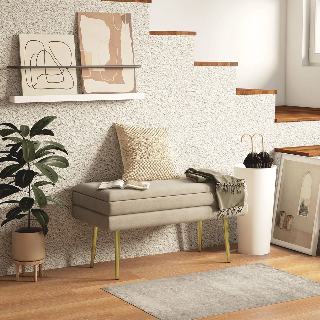 HOMCOM Bancă bancută cu spațiu de depozitare 2 în 1, șezut cu aspect de catifea și picioare din oțel - 79,5L x 37,5P x 43Î cm bej și aurit | Aosom Romania