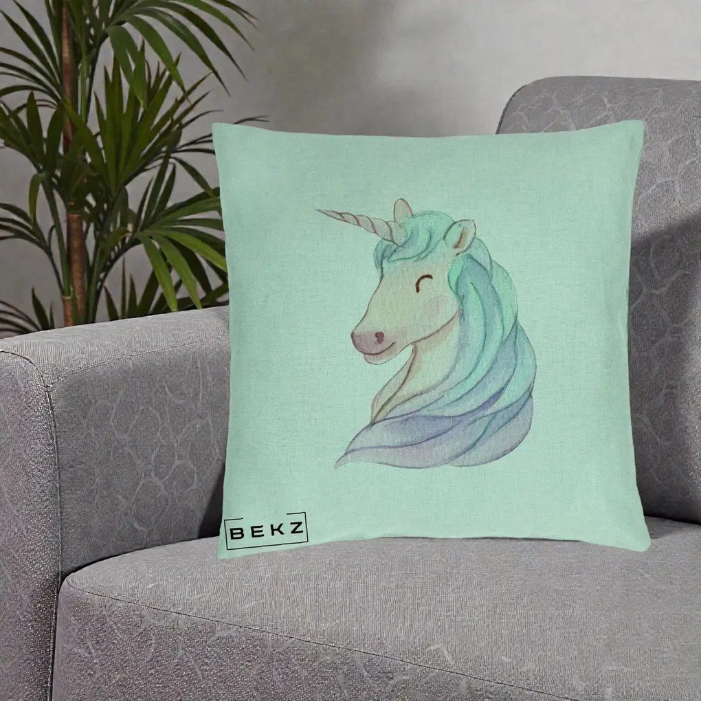 Perna Decorativa Unicorn Acuarela Pastel, 40x40 cm, Verde Menta, Husa Detasabila, Perna Inclusa, BEKZ®