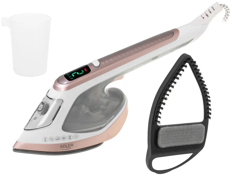 Fier de calcat cu aburi 2in1 Adler AD 5044, 1800W, 180ml, 25g/min, Placă ceramica, Afisaj LED, Calcare verticala si orizontală, Alb/Galben