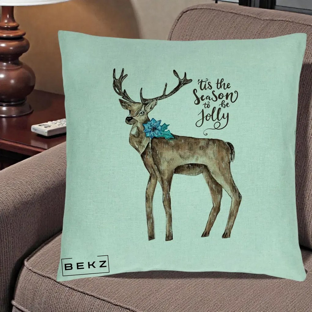 Perna Decorativa Ren Tis the Season to be Jolly, 40x40 cm, Verde Menta, Husa Detasabila, Perna Inclusa, BEKZ®