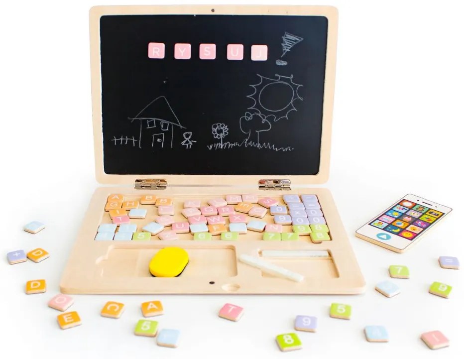 Laptop educațional magnetic din lemn cu telefon și litere