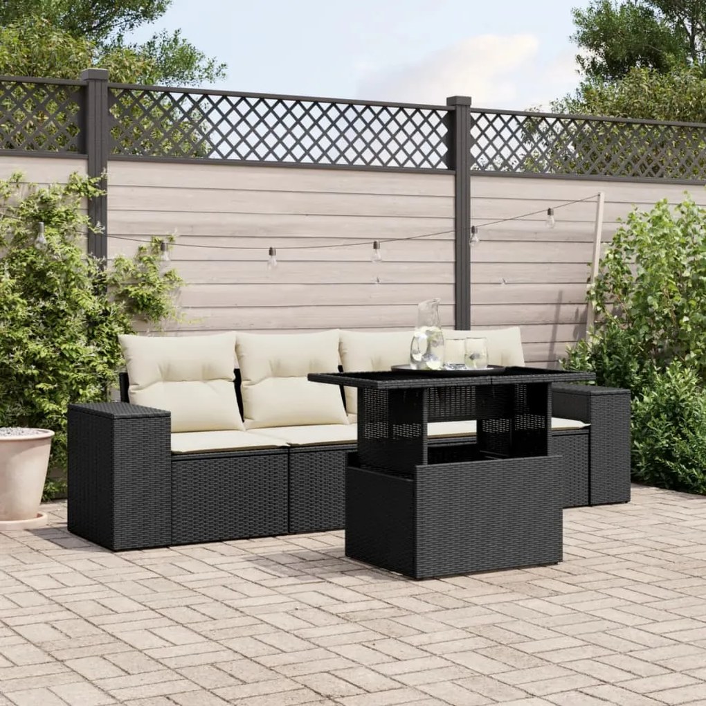 vidaXL Set mobilier de grădină cu perne, 5 piese, negru, poliratan
