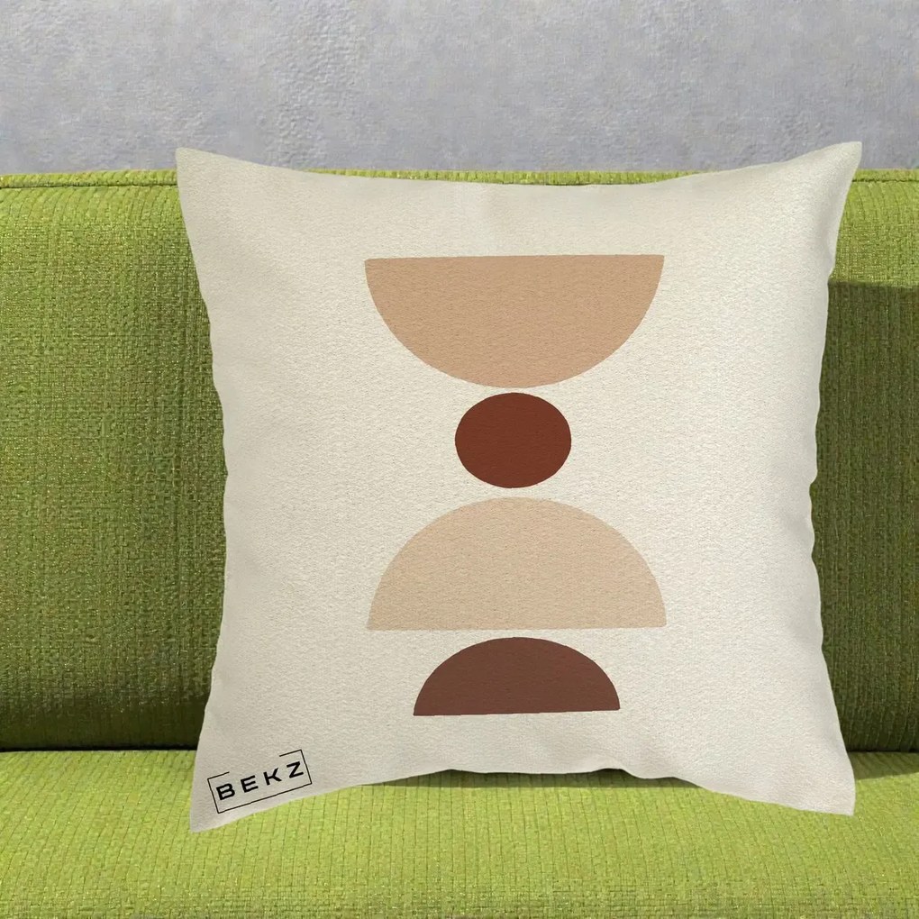 Perna Decorativa Geometric Boho Cerc si Boluri, 40x40 cm, Ecru, Husa Detasabila, Perna Inclusa, BEKZ®