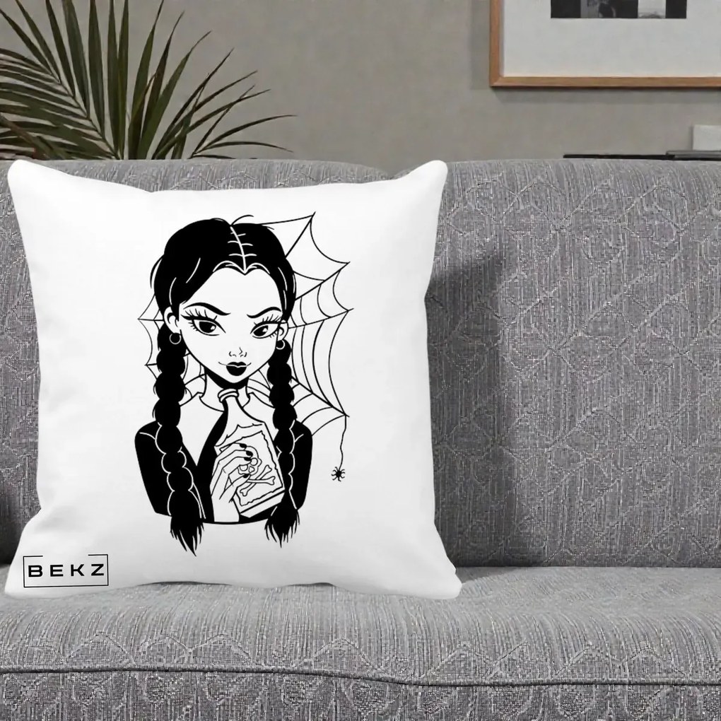 Perna Personalizata Wednesday cu Panza de Paianjen, 40x40 cm, Alba Mata, Husa Detasabila, Perna Inclusa, BEKZ®