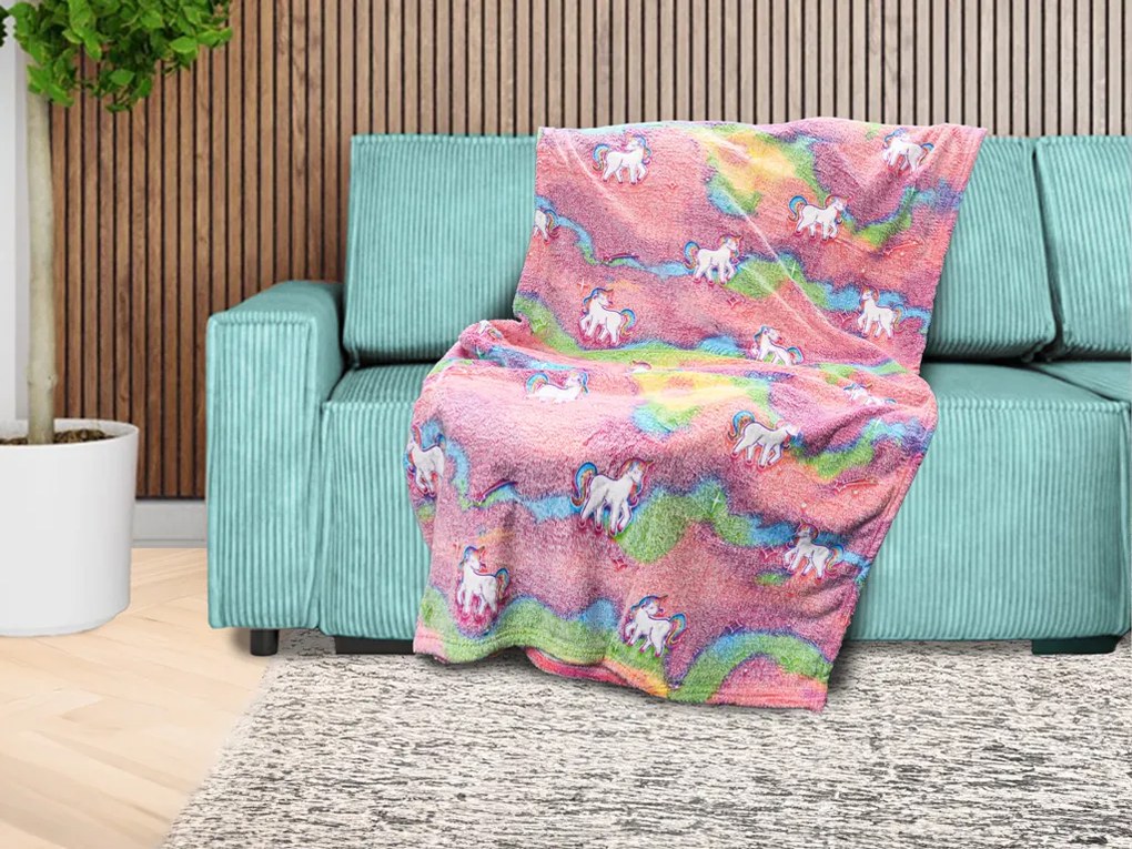 Patura fosforescenta microflanel UNICORN 150x200 cm roz