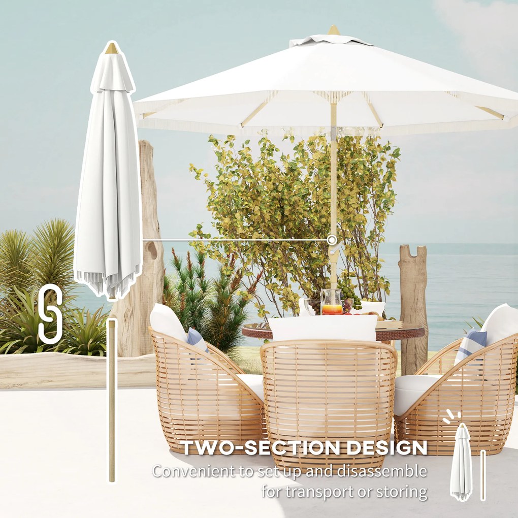 Outsunny Parasol de gradina inclinabil cu manivela si franjuri, stil boem, 8 spirote, Ø 265 x 244 cm alb | Aosom Romania