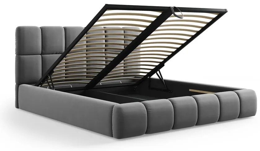 Pat matrimonial gri tapițat din catifea cu spațiu de depozitare cu somieră 180x200 cm Bellis – Micadoni