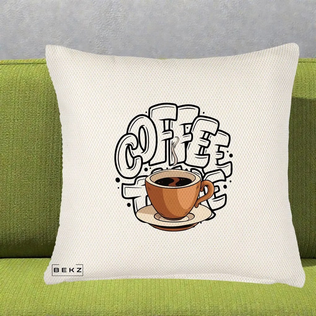 Perna Personalizata COFFEE cu Cana, 40x40 cm, Crem Reliefat, Husa Detasabila, Perna Inclusa, BEKZ®