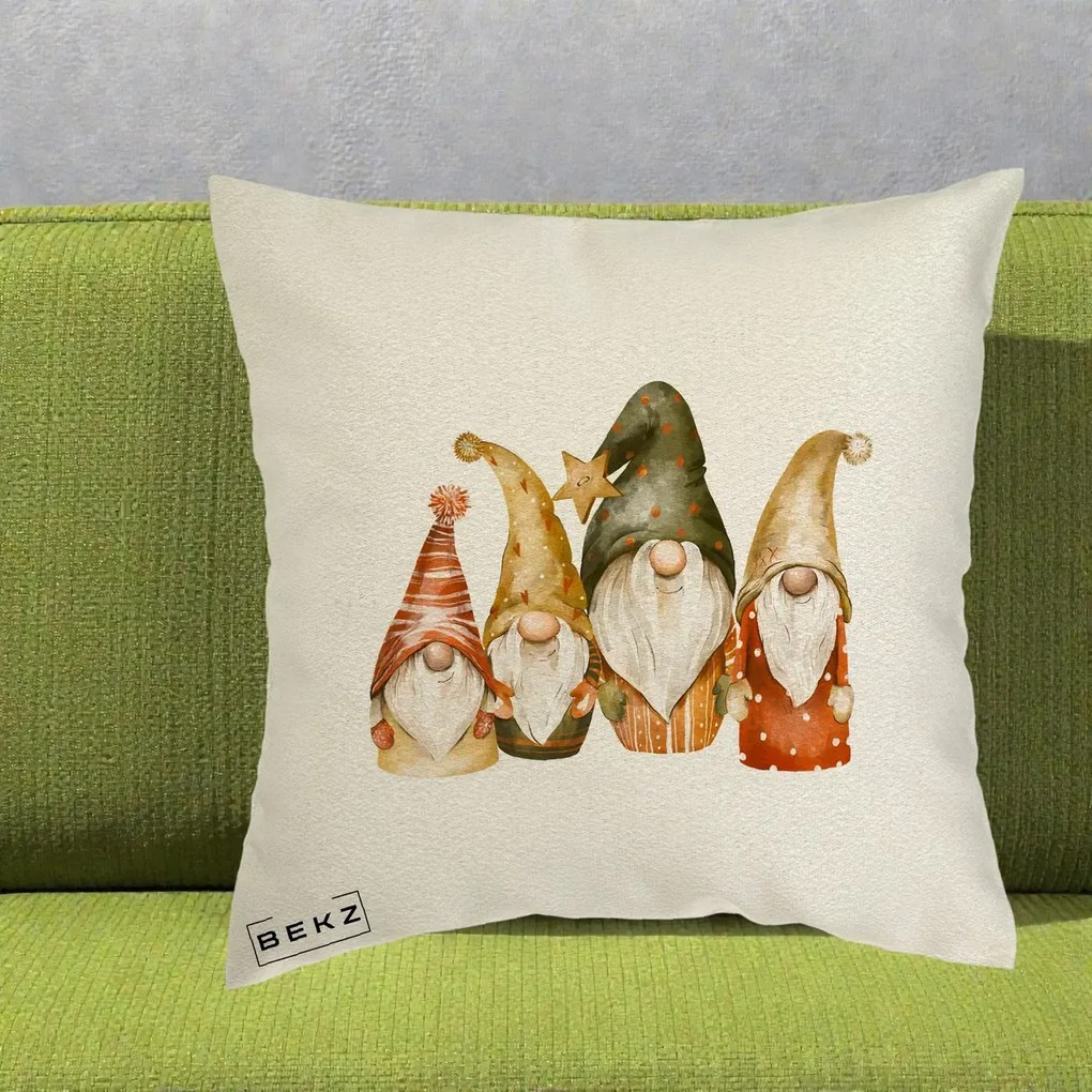 Perna Decorativa Gnomi de Craciun Patru, 40x40 cm, Ecru, Husa Detasabila, Perna Inclusa, BEKZ®
