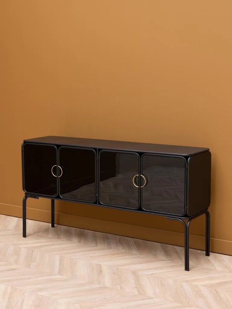 Consolă hol în stil eclectic, din metal și sticlă, negru, cu 4 uși din sticlă fumurie și mânere aurii, 82 x 138 x 38 cm, „Ashbury”