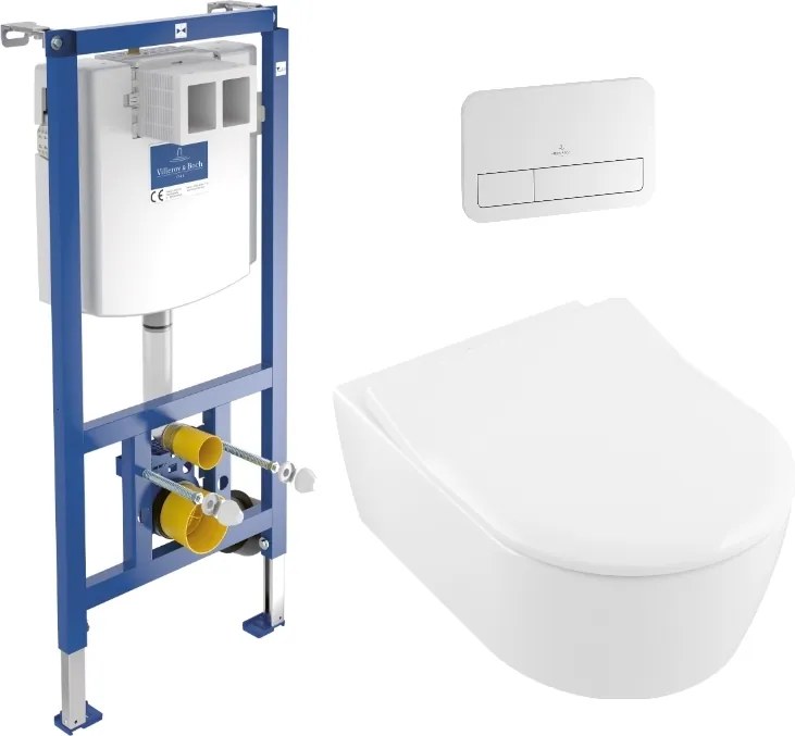 Set complet vas WC suspendat Villeroy&amp;Boch Avento DirectFlush, capac slim cu inchidere lenta, rezervor incastrat si clapeta ViConnect