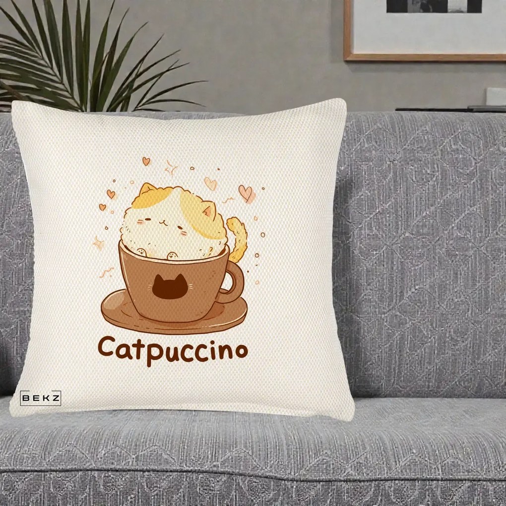 Perna Decorativa Catpuccino Pisica Cappuccino, 40x40 cm, Crem Reliefat, Husa Detasabila, Perna Inclusa, BEKZ®