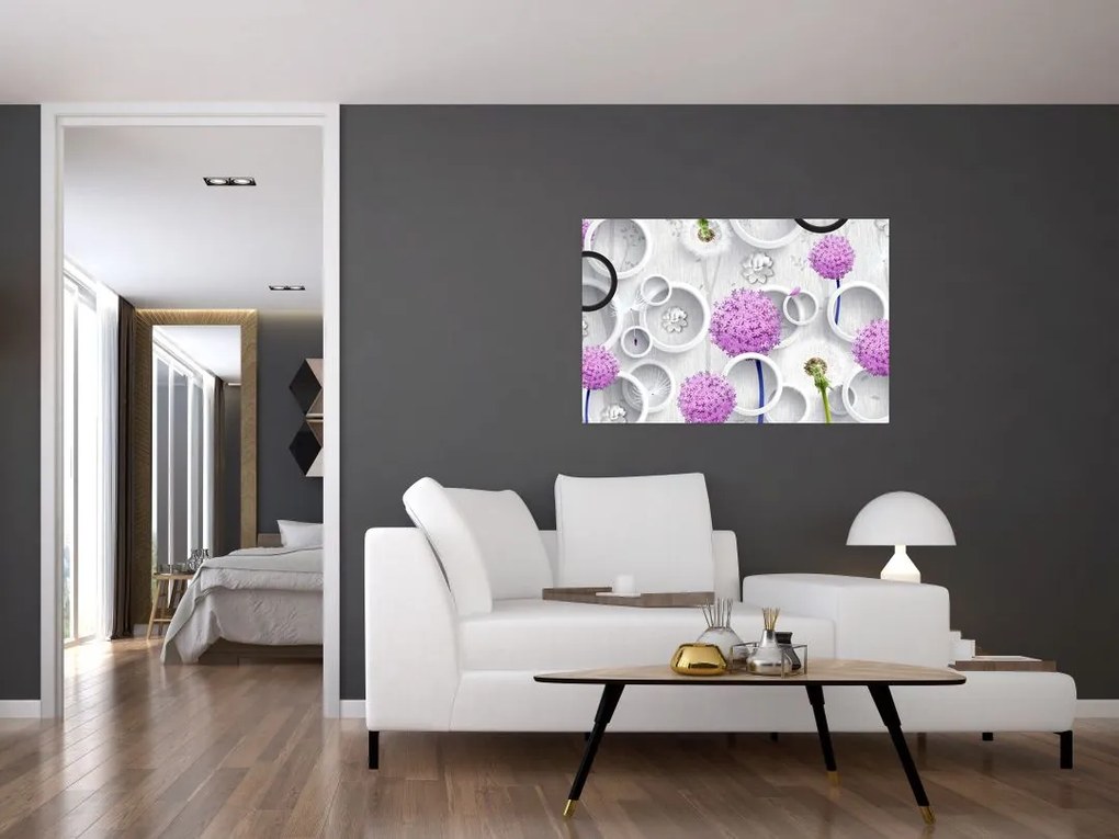 Tablou cu abstracție 3D cu cercuri și flori (90x60 cm)