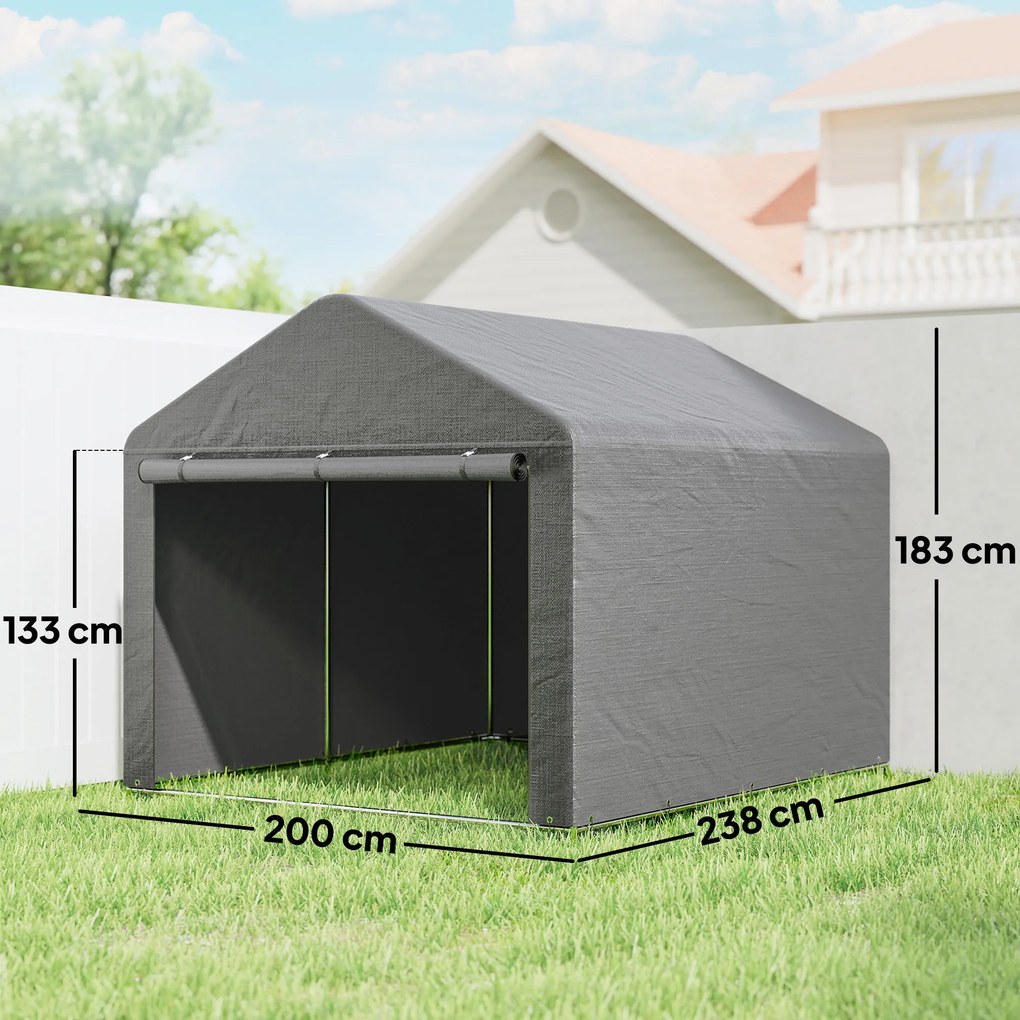 Outsunny 2x2.4 m Cort pentru Depozitare în Grădină, Cort Garaj cu Acoperire Impermeabilă, Ușă Rulabilă cu Fermoar, pentru Biciclete și Unelte, Metal Zincat, Gri Deschis | Aosom Romania
