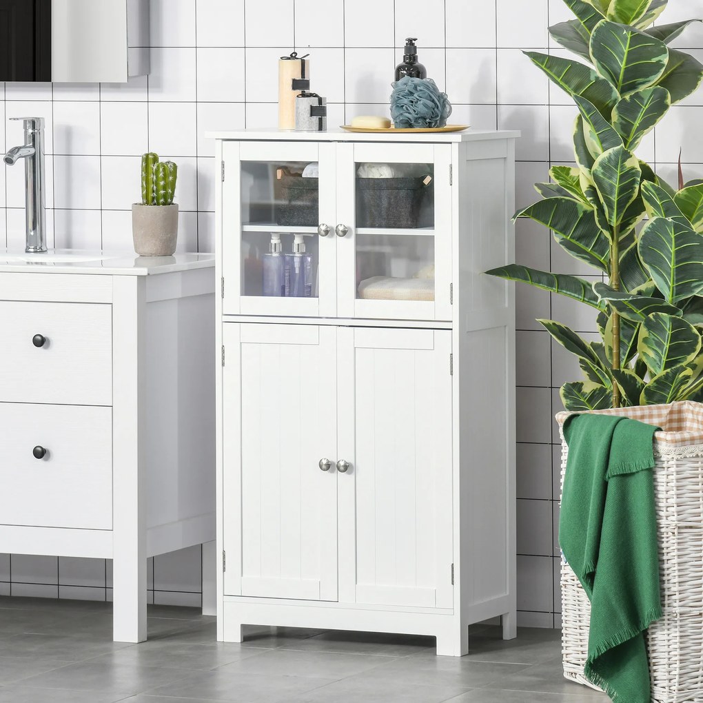 kleankin Mobile Bagno con 2 Armadietti e Ante in Vetro, Mobiletto Bagno Salvaspazio con Ripiano Regolabile, Armadietto da Terra per Sala da Pranzo, Salotto, Soggiorno, Cucina, 60x30x108.5 cm, Bianco | Aosom Romania