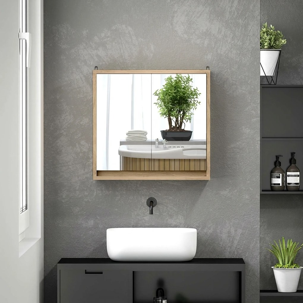 HOMCOM Dulap de Baie cu Oglindă, 2 Uși și Raft Reglabil, 48 x 14,5 x 45 cm, Culoarea Lemnului | Aosom Romania