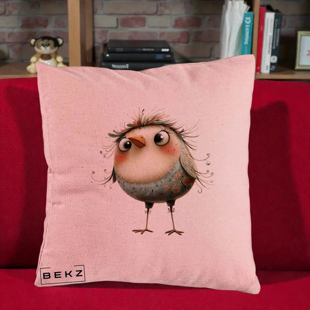 Perna Decorativa Pasare cu Penaj Zbarlit si Gene, 40x40 cm, Roz, Husa Detasabila, Perna Inclusa, BEKZ®