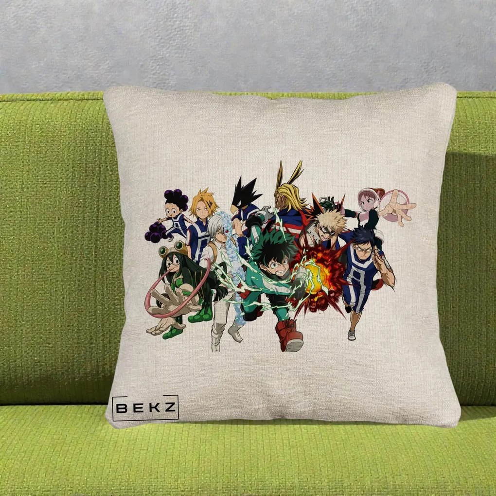 Perna Personalizata My Hero Academia Clasa 1-A Complet, 40x40 cm, Bej Canapea, Husa Detasabila, Perna Inclusa, BEKZ®