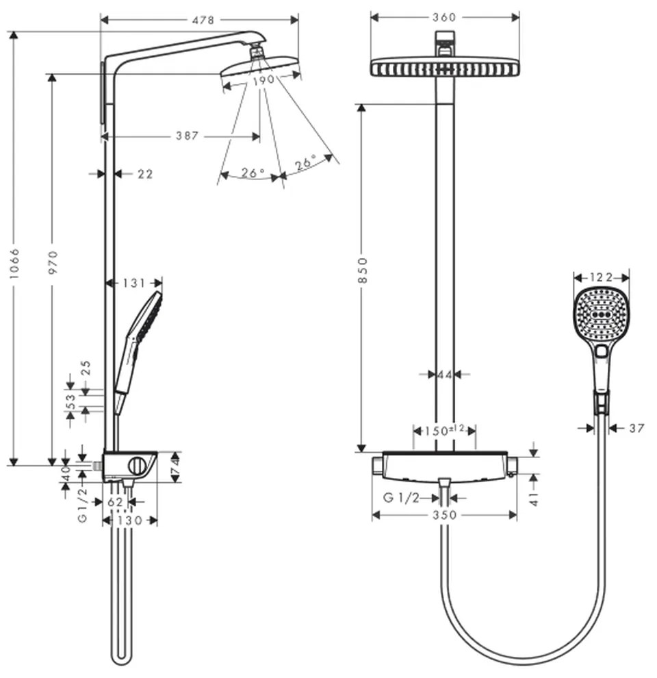 Coloana de dus crom lucios cu baterie termostatata Hansgrohe Raindance E 27112000