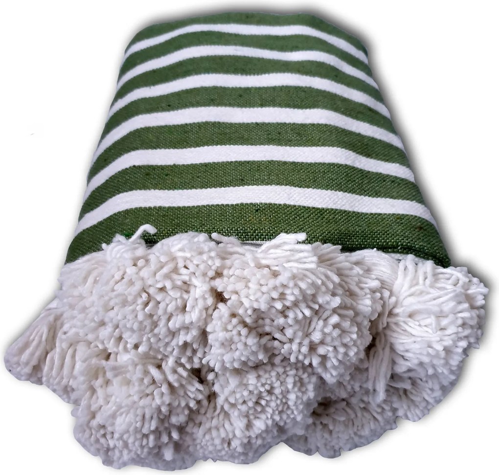 Pătură Maroc țesută manual, verde olive cu dungi albe, bumbac, 250x150 cm