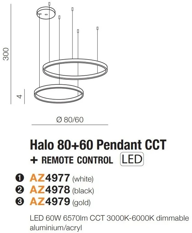 Lustra cu 2 inele LED si telecomanda HALO PENDANT GO 80+60 CCT