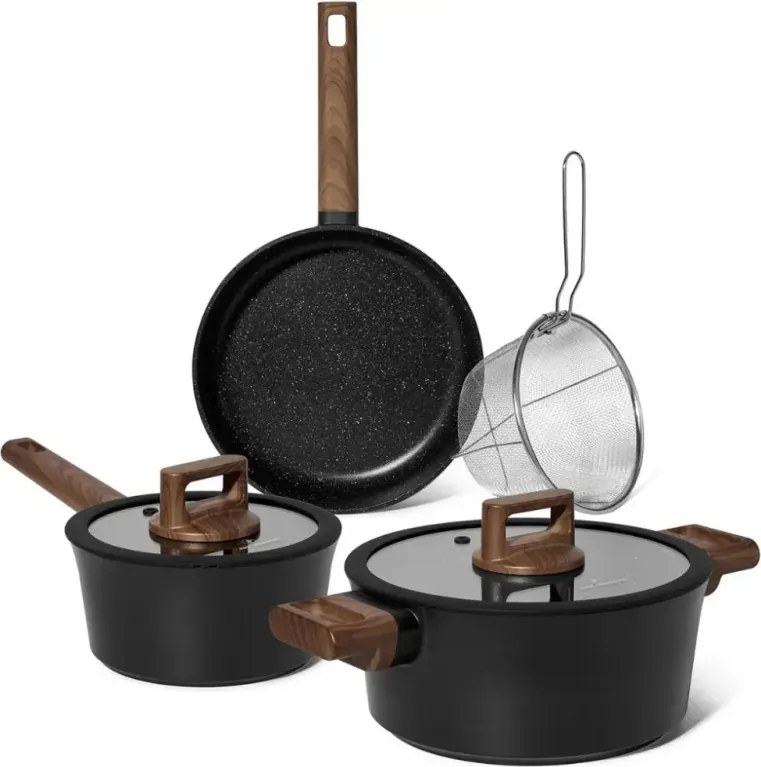 Set cratite, cos de prajit si tigaie Just Perfecto JL-332, 6 piese, Acoperire din marmura, Inductie, Capac din sticla cu orificiu pentru abur, Negru/maro