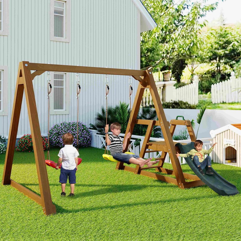 Leagăn Dublu pentru Copii din Lemn Masiv cu Tobogan de Grădină și Scară de Cățărat, Structură de Exterior, 239x240x169 cm, Natural
