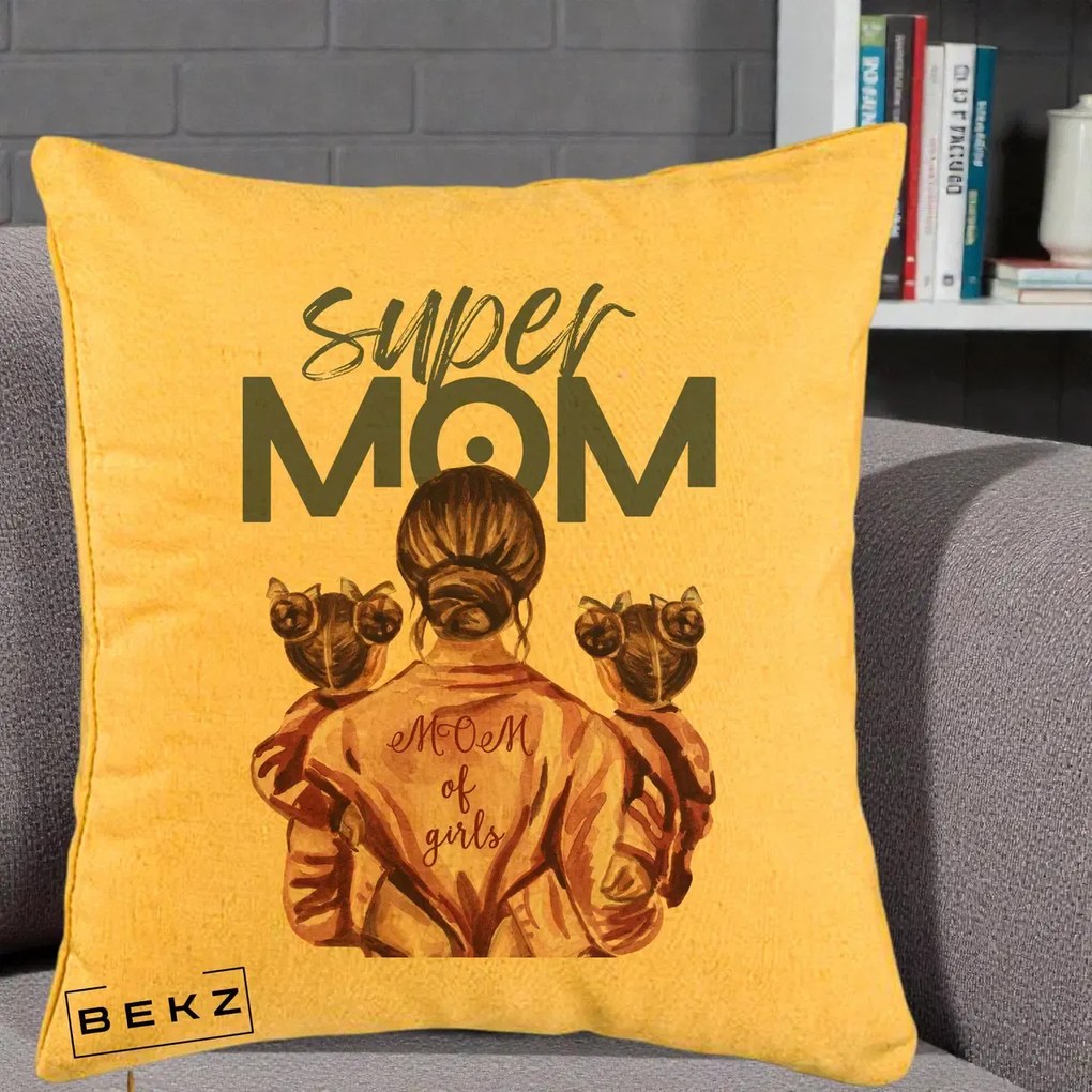 Cadou pentru Mama - Perna Personalizata Super Mom of Girls Mama cu Gemene, 40x40 cm, Galben, Husa Detasabila, Perna Inclusa, BEKZ®