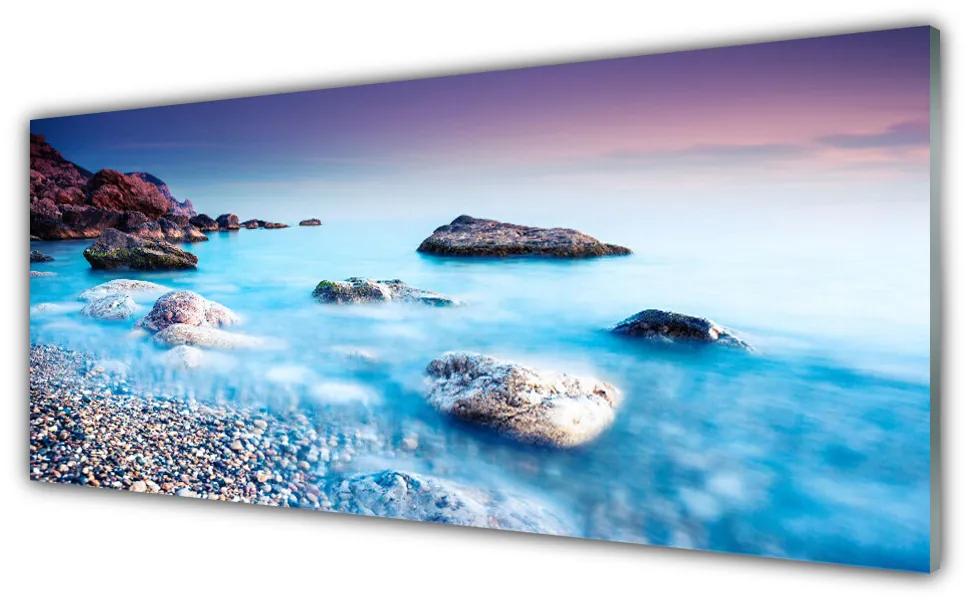 Tablou pe sticla Sea Stones Beach Peisaj Albastru Gri Roz