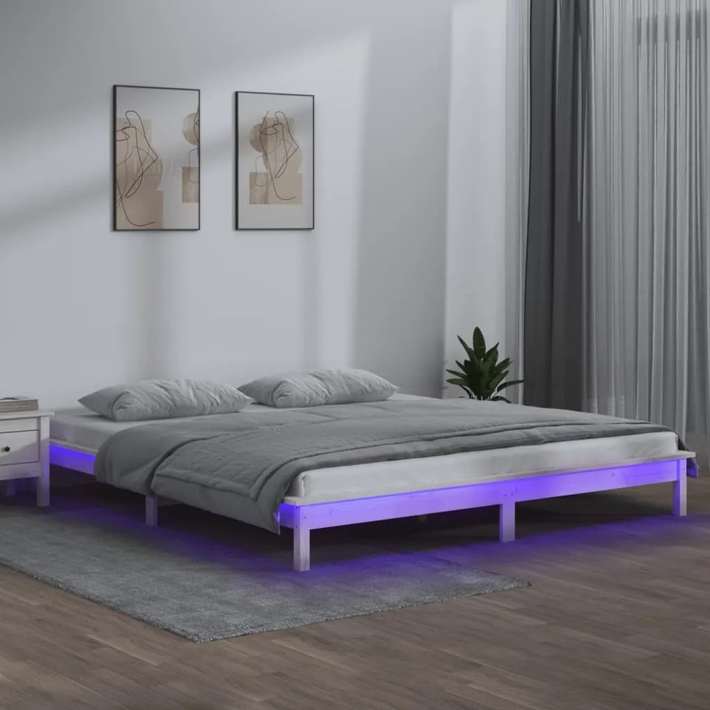 Cadru de pat cu LED, alb, 140x200 cm, lemn masiv Alb, 140 x 200 cm