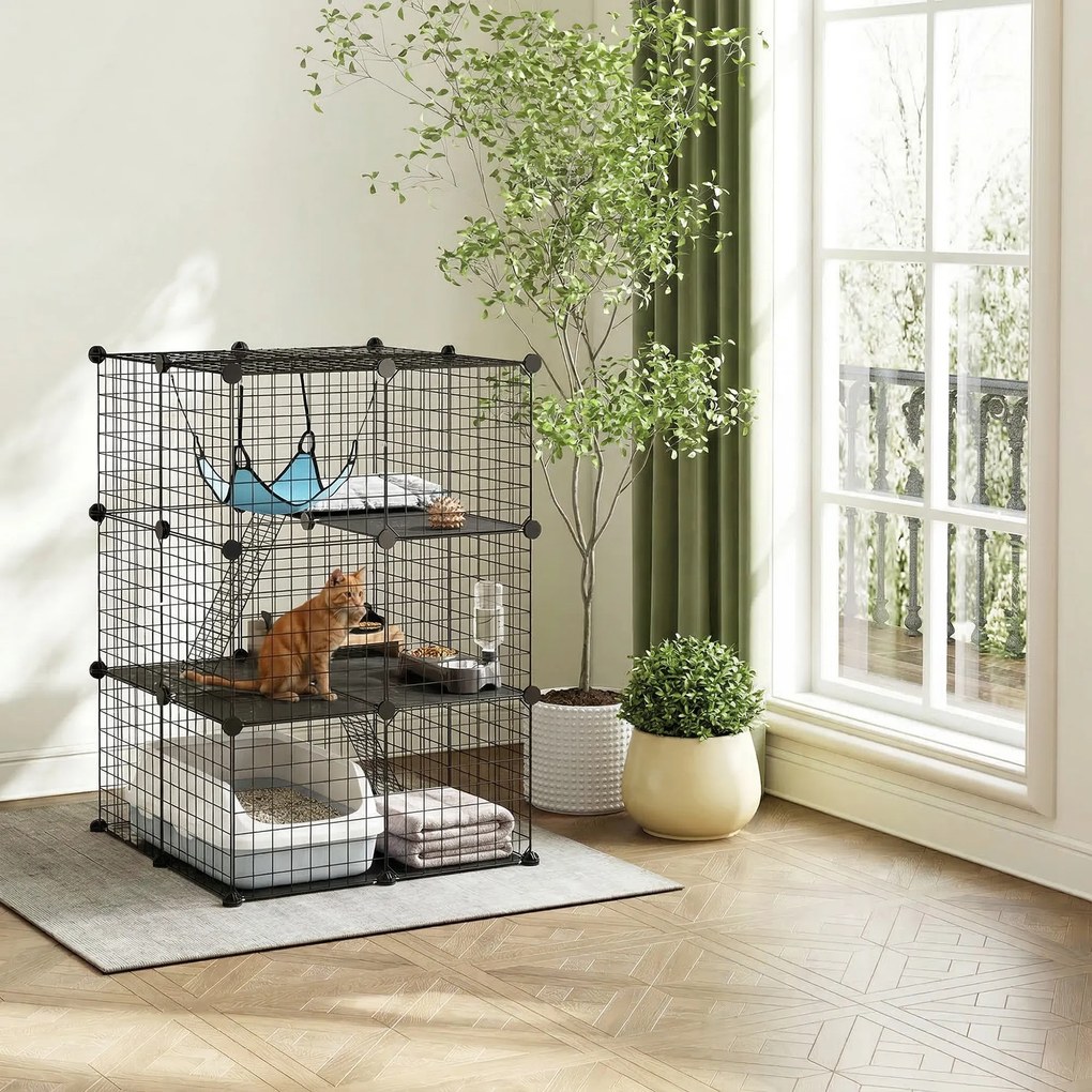 PawHut Cușcă pentru Pisici 105 cm de Interior, Recinto din Oțel cu 3 Uși, Design Personalizabil DIY pentru Pisoi, Spațiu pe 3 Niveluri cu Scări, Hamac și Platformă, Negru | Aosom Romania