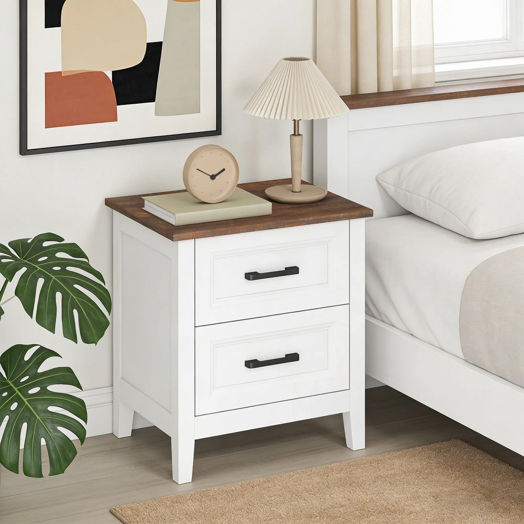 HOMCOM Noptieră cu 2 Sertare Stil Rustic Noptieră pentru Salón Dormitor 45x30x50 cm Alb | Aosom Romania